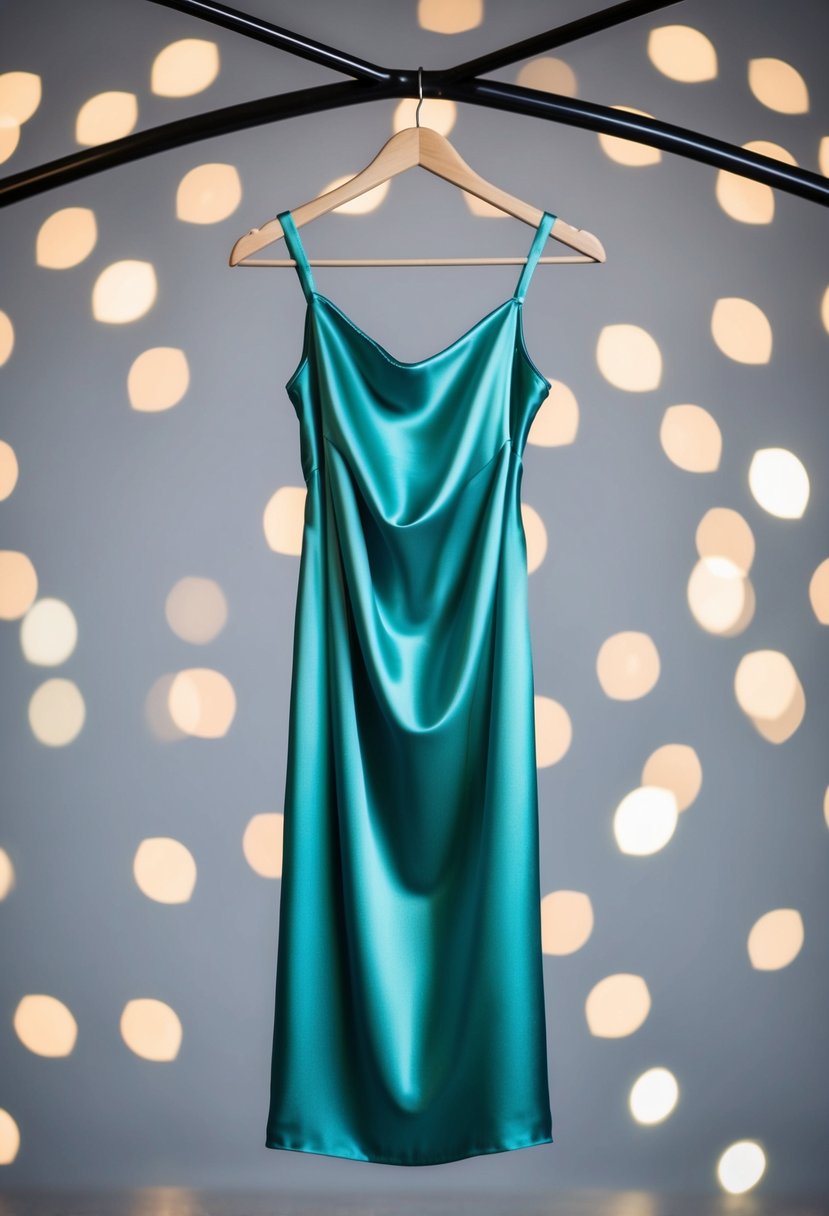 A satin slip dress hangs on a hanger, draped elegantly with no sleeves