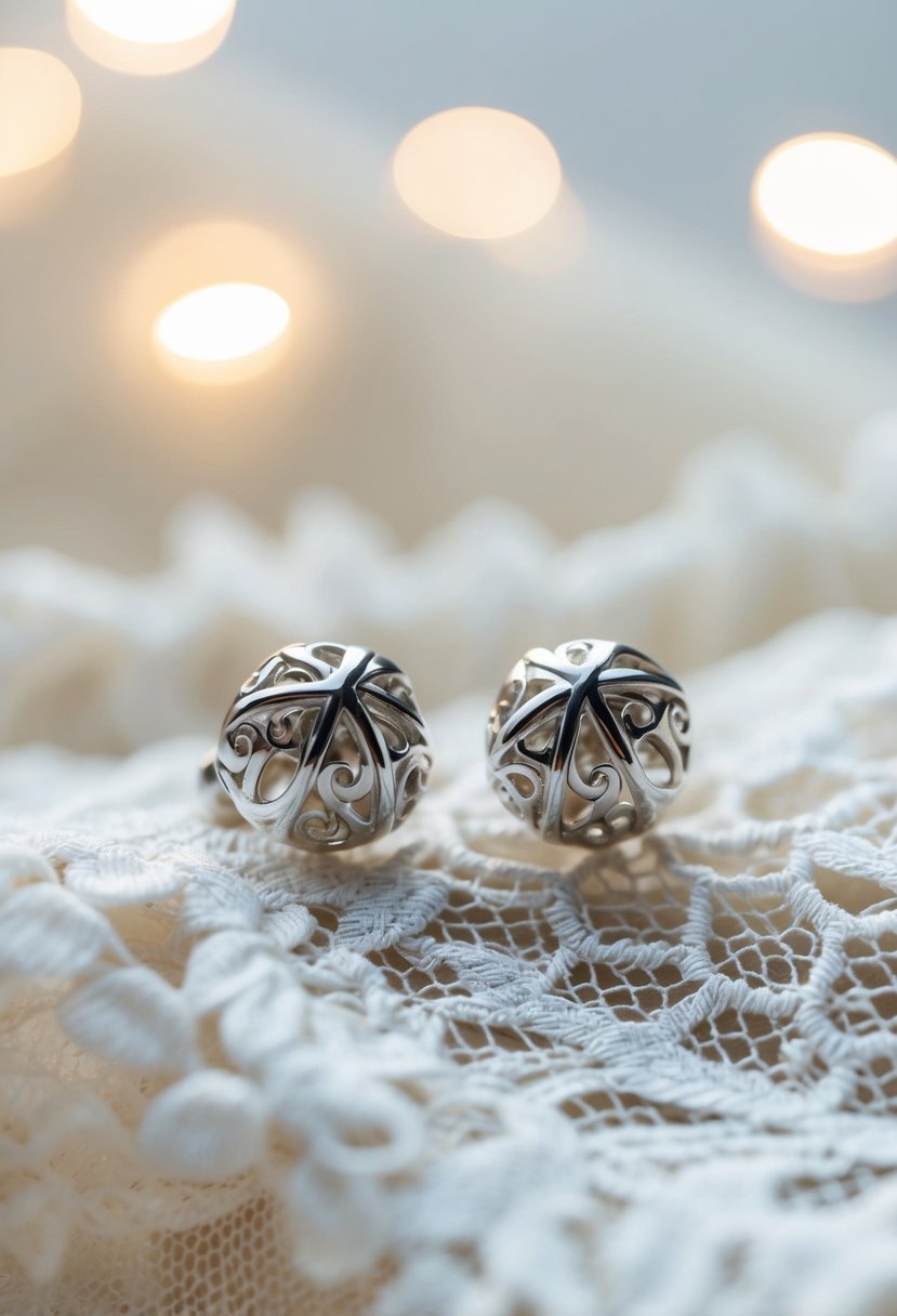 A pair of silver stud earrings resting on a delicate lace fabric, with soft lighting highlighting their intricate design