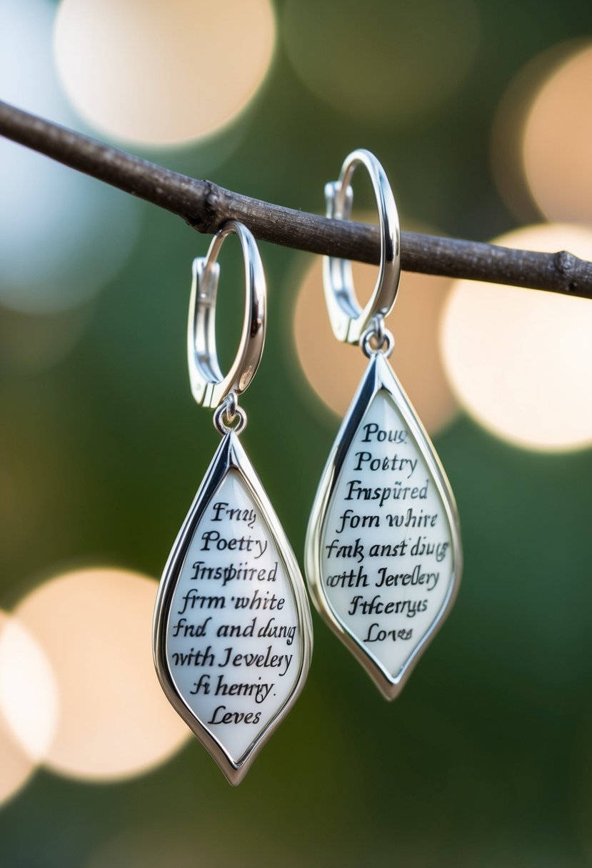 A pair of elegant white gold drop earrings, adorned with delicate poetry-inspired designs, glimmering under soft lighting