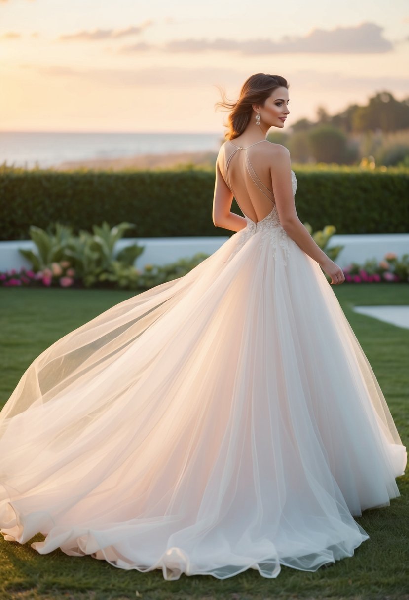 An elegant tulle gown with an open back, flowing gracefully in the wind, set against a romantic backdrop of a garden or beach at sunset