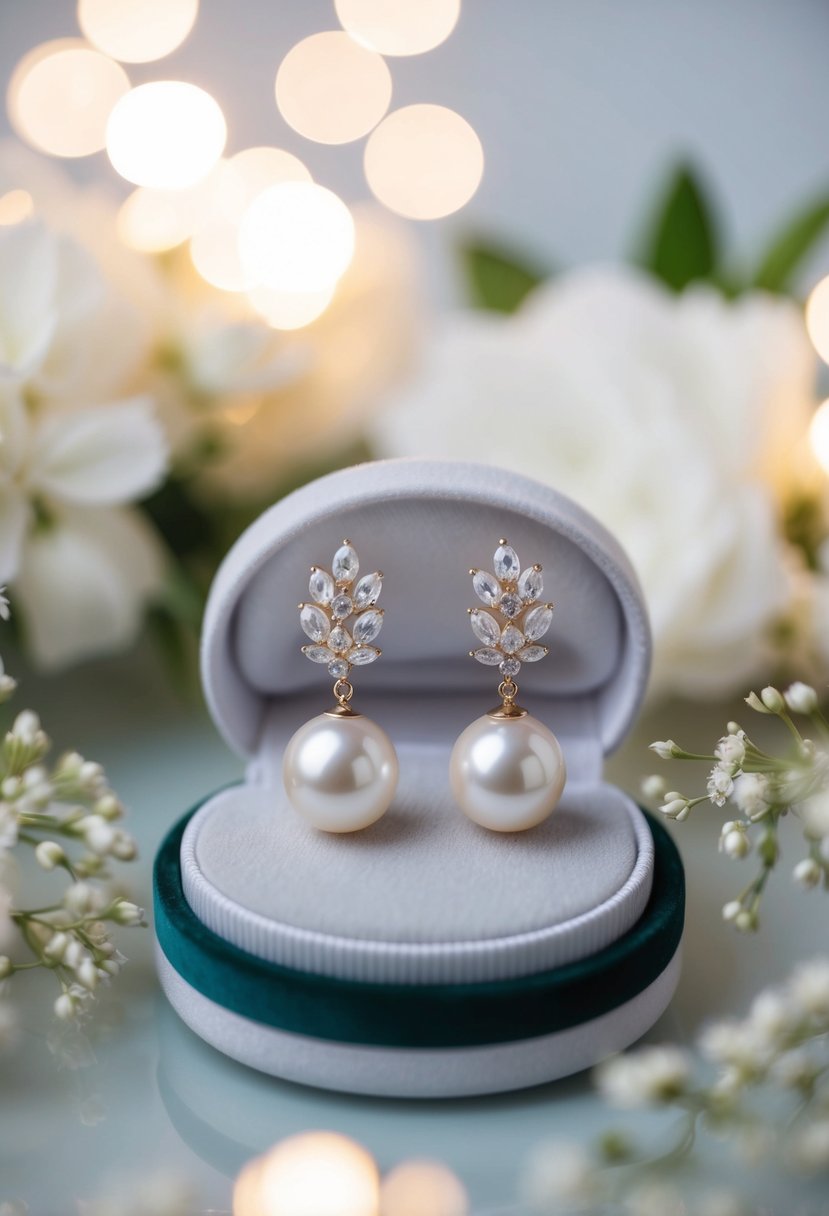 A pair of white gold pearl earrings displayed on a velvet cushion, surrounded by soft lighting and delicate floral accents