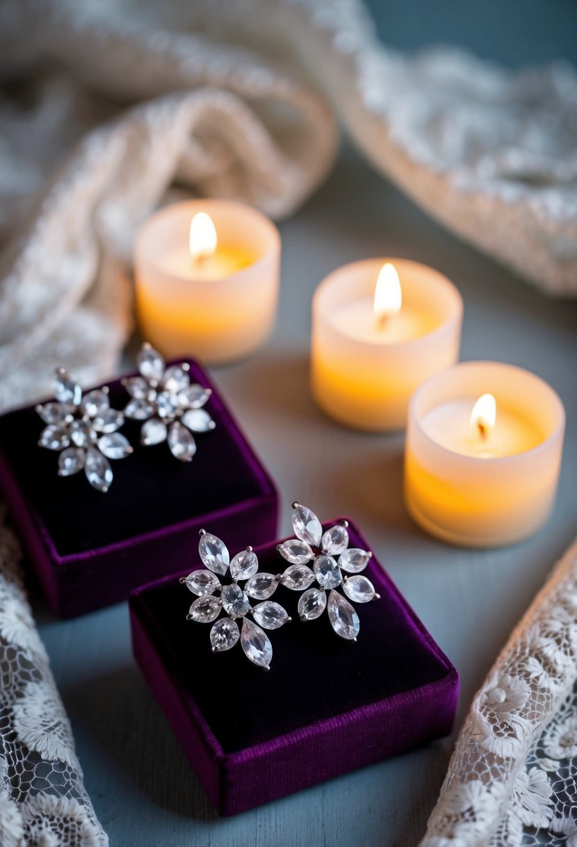 A pair of crystal cluster earrings displayed on a velvet cushion, surrounded by soft candlelight and delicate lace fabric