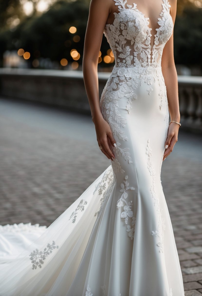 A mermaid cut wedding dress with lace details cascading down the bodice and skirt, exuding elegance and romance