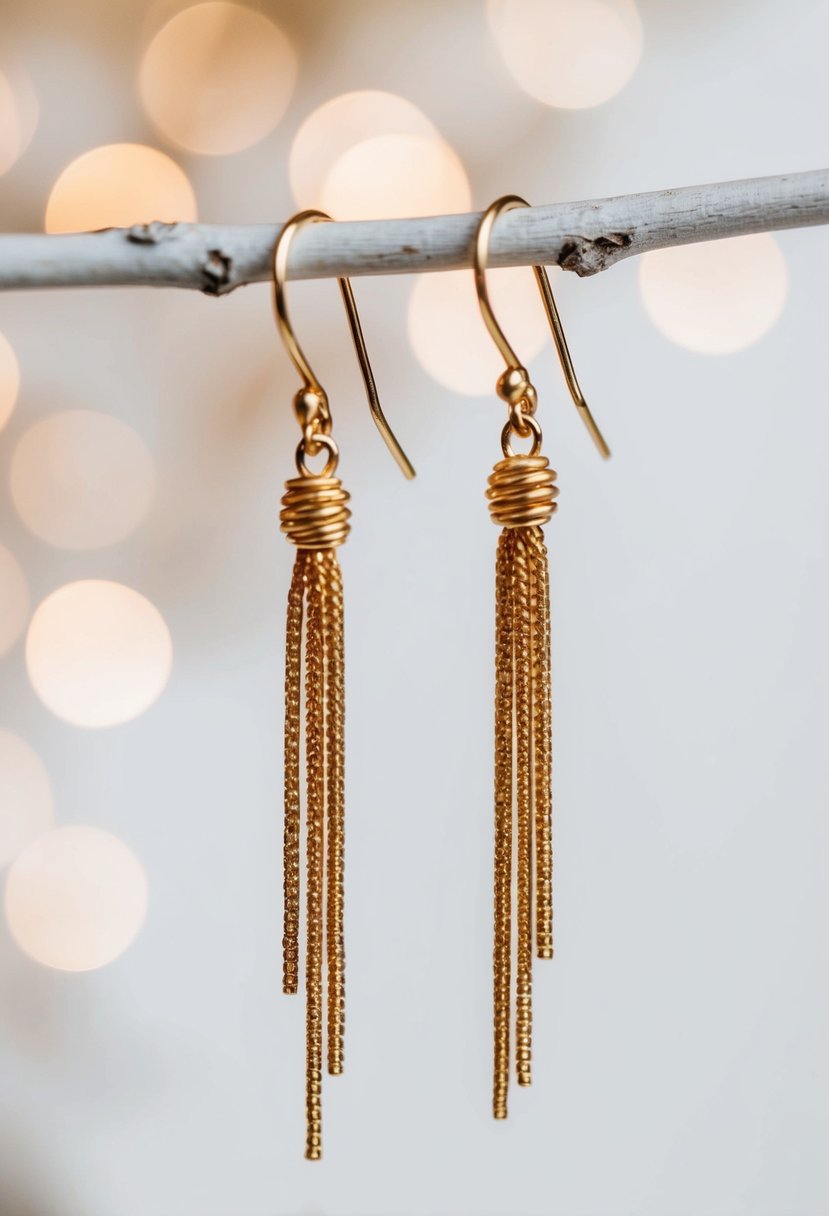 Two delicate gold threader earrings hanging against a white background