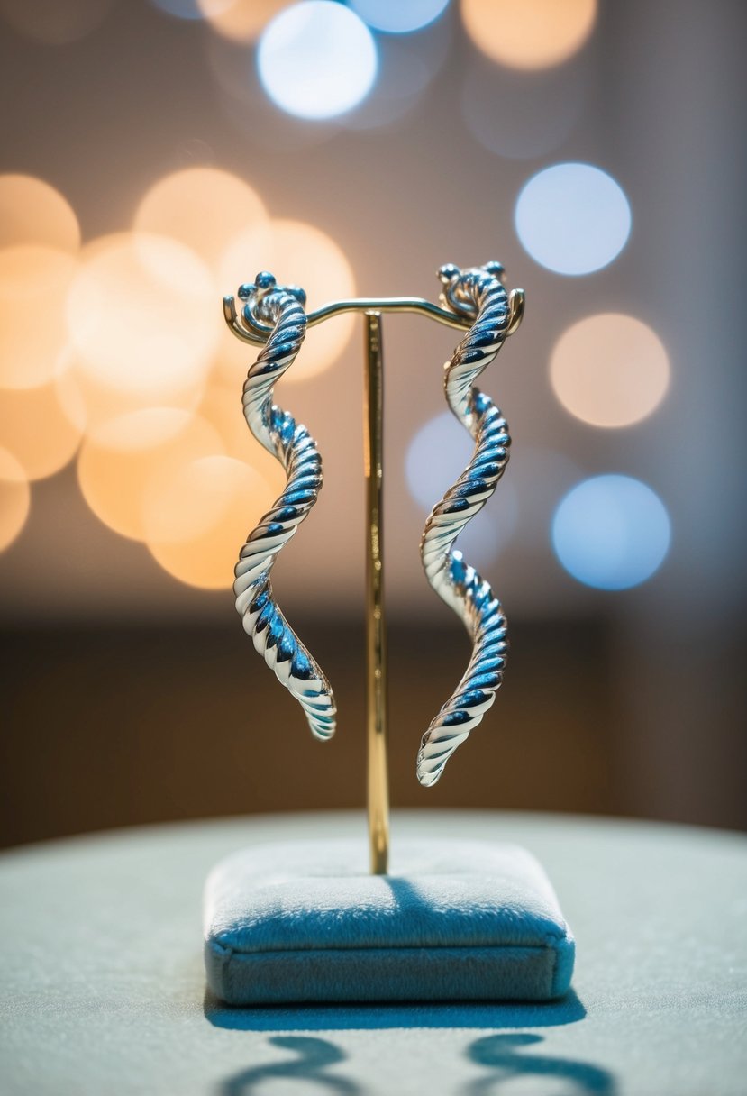 Two elegant helix spiral earrings in white gold, shimmering under soft lighting, displayed on a velvet cushion