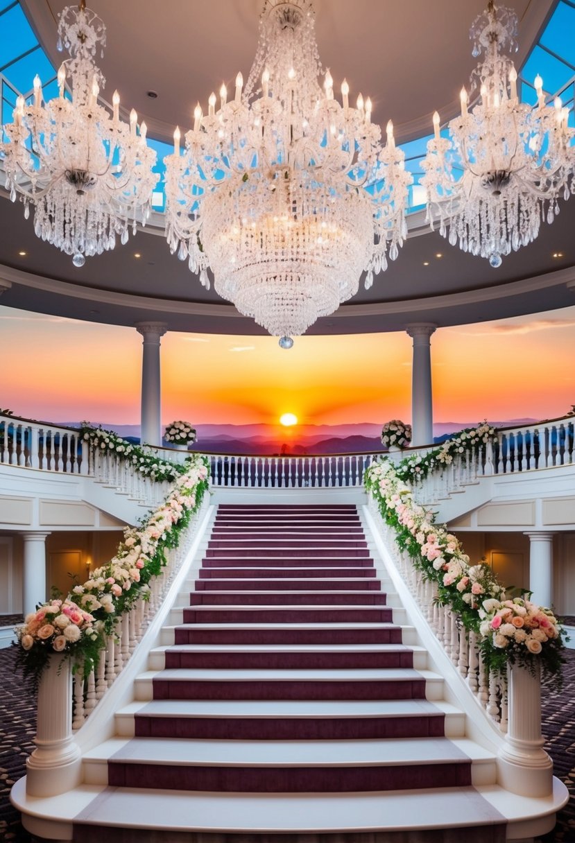 A grand ballroom with a cascading staircase, adorned with crystal chandeliers and opulent floral arrangements, set against a backdrop of a breathtaking sunset