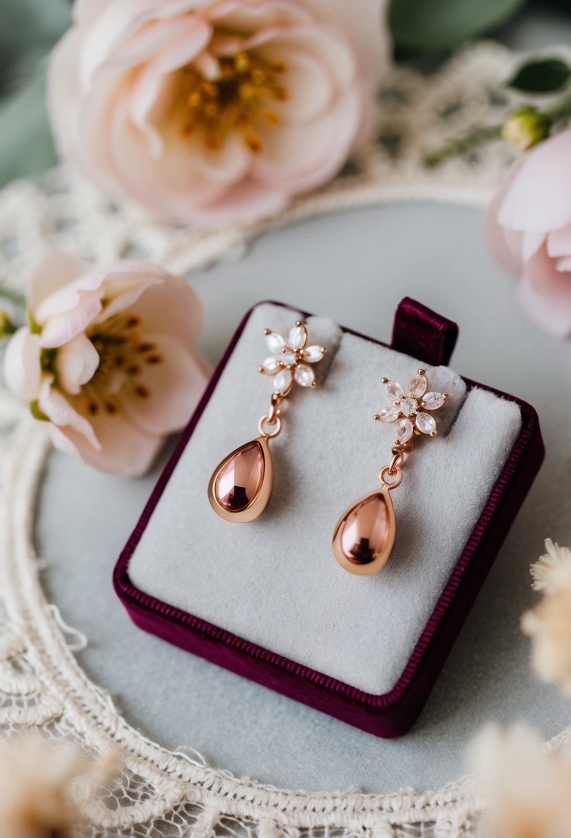 A pair of rose gold dangle earrings displayed on a velvet cushion with soft lighting, surrounded by delicate lace and floral accents