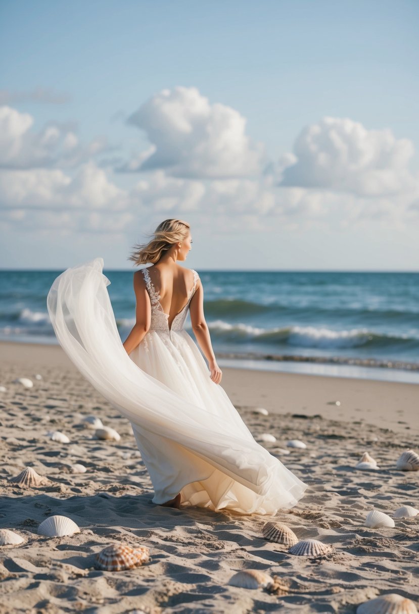 A flowing, white, floor-length wedding dress blowing in the ocean breeze on a sandy beach with seashells scattered around