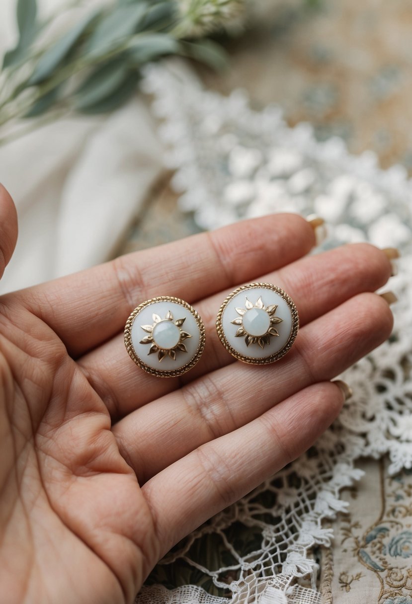 A woman's hand holds a pair of vintage Renaissance studs, white gold wedding earrings, against a backdrop of delicate lace and antique fabric