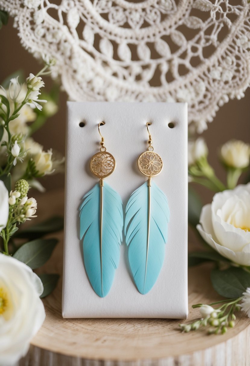 A bohemian-inspired display of feather earrings in white gold, surrounded by delicate lace and floral accents