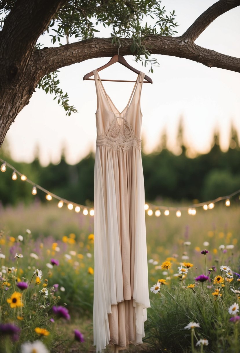 A bohemian outdoor wedding scene with a rustic, sleeveless dress hanging from a tree branch, surrounded by wildflowers and twinkling fairy lights