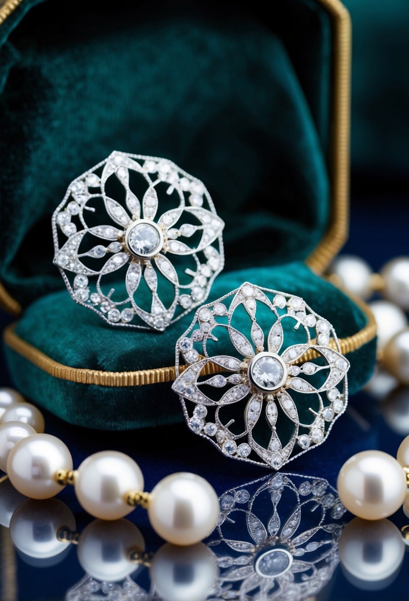 A pair of elegant Art Deco earrings with intricate white gold filigree and sparkling gemstones, set against a luxurious backdrop of velvet and pearls