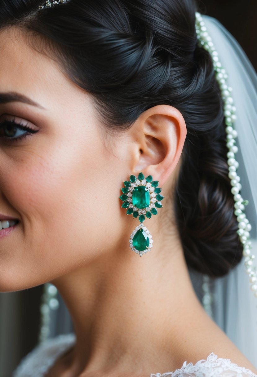 A radiant bride's ear adorned with opulent emerald earrings