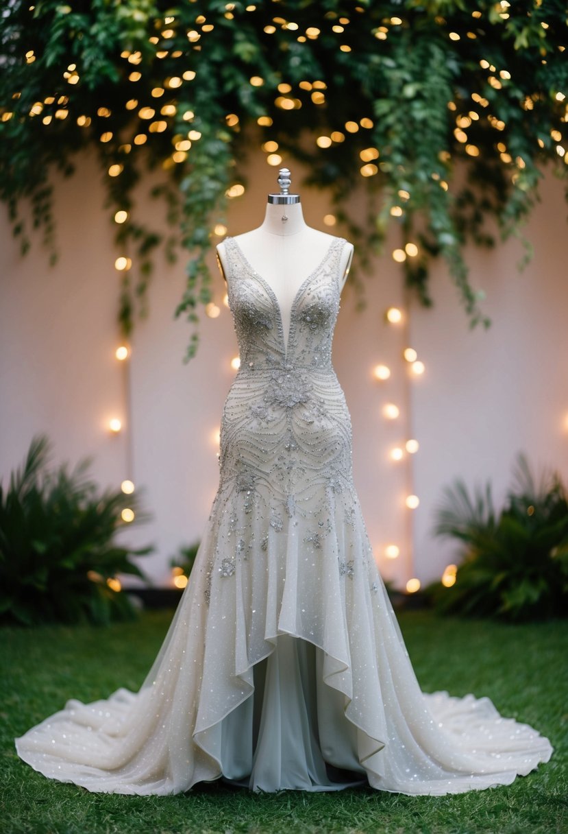 A sparkling v-neck gown with a flowing skirt, adorned with intricate lace and beading, set against a backdrop of twinkling lights and lush greenery