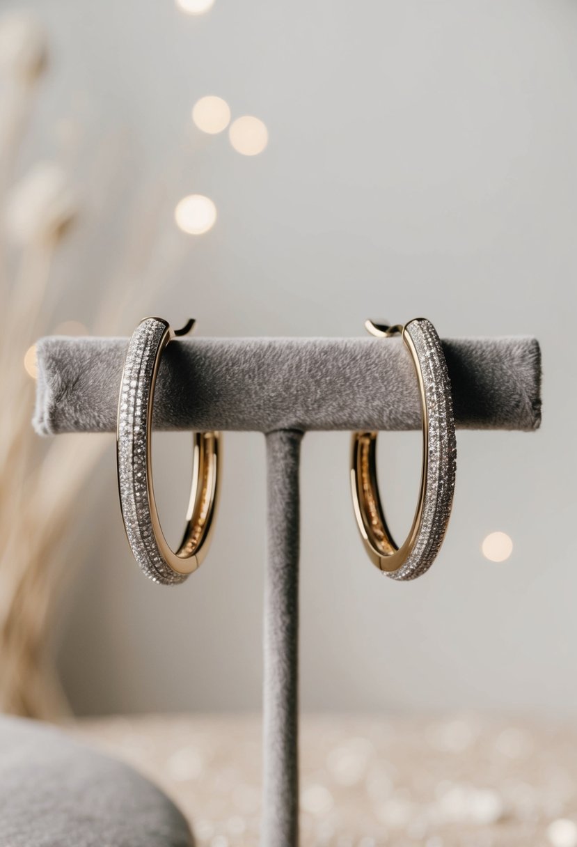 Two elegant white gold hoop earrings displayed on a velvet cushion against a soft, neutral background