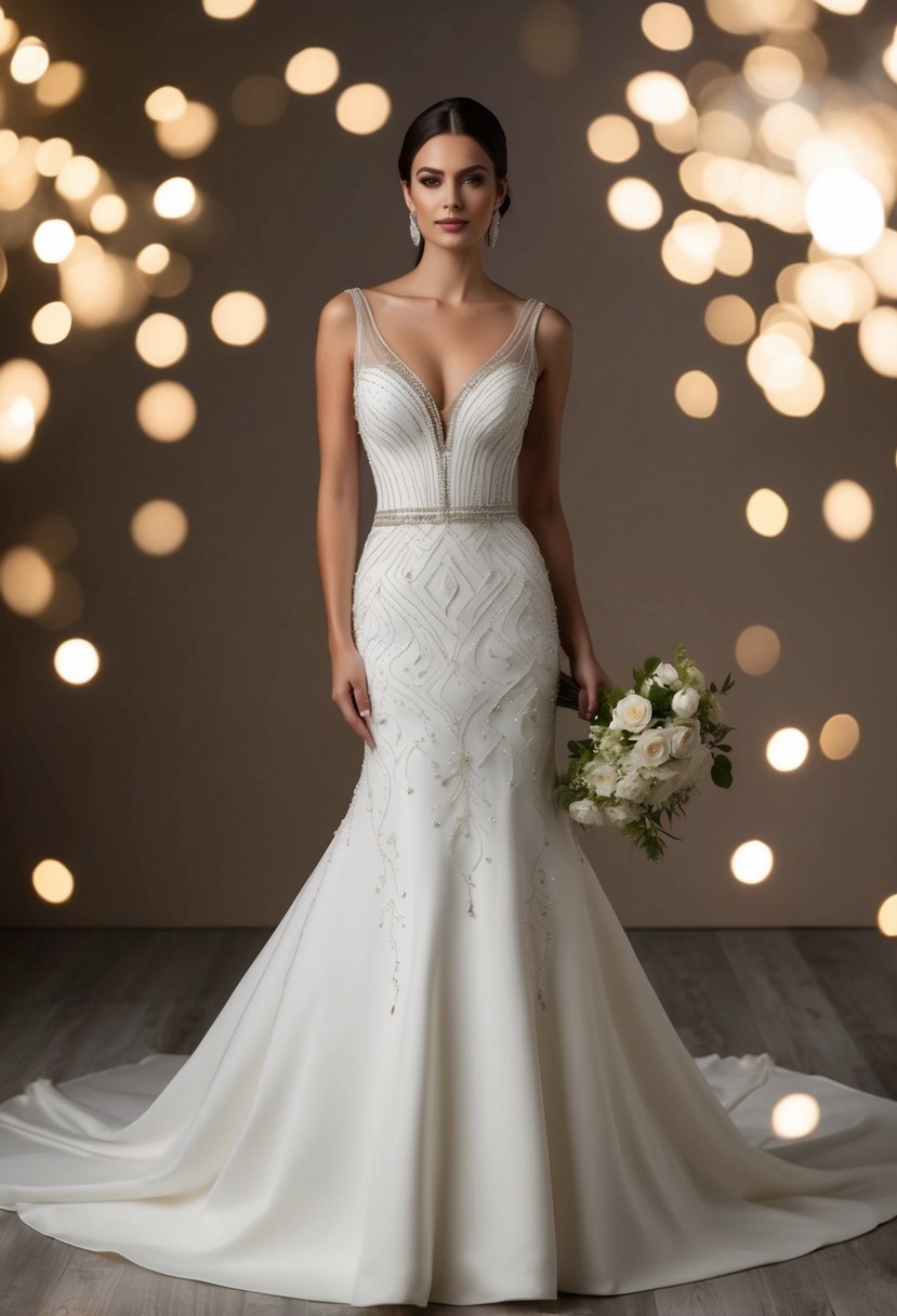 A sleek wedding dress with intricate beading and a fitted silhouette