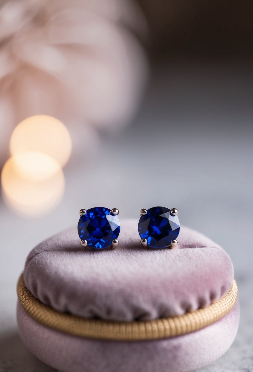 Two sapphire stud earrings resting on a velvet cushion with soft lighting and a subtle reflection