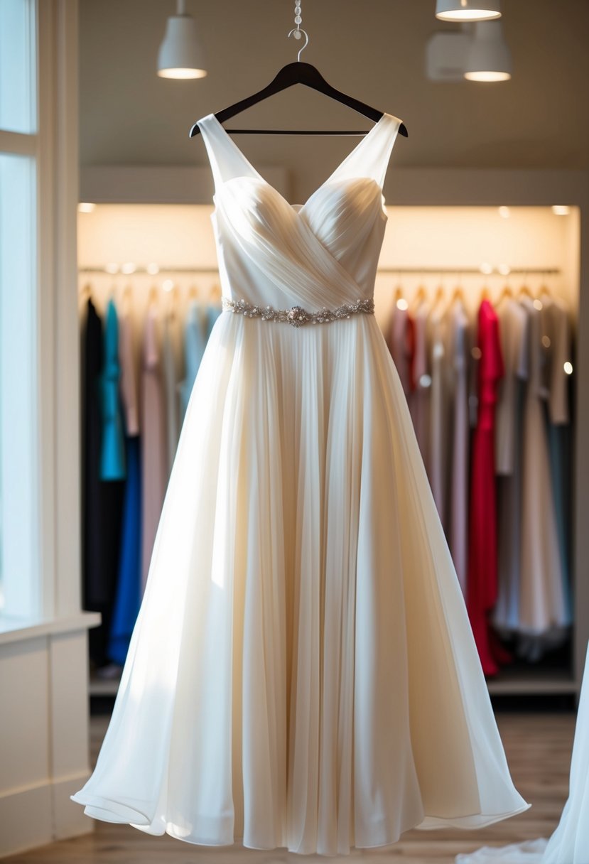 An empire waist flowing dress hangs on a hanger in a sunlit bridal boutique