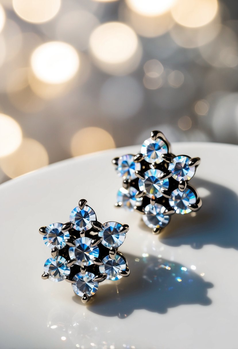 A pair of Swarovski crystal cluster earrings gleaming against a backdrop of white gold, catching the light in a dazzling display of elegance and sophistication