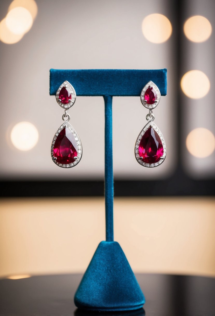 A pair of ruby drop earrings displayed on a velvet jewelry stand, with soft lighting to highlight their classic elegance