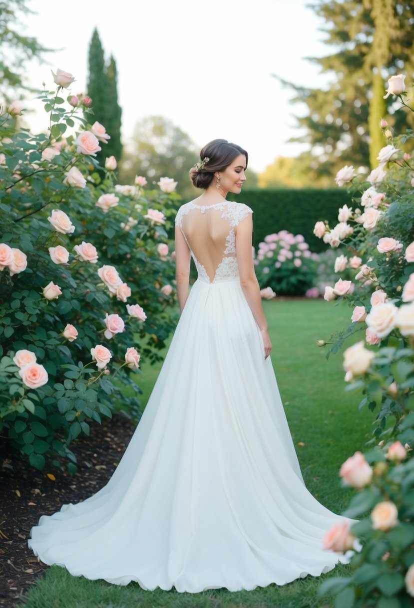 A serene garden with blooming roses and a flowing wedding dress without sleeves, capturing a romantic bridal look