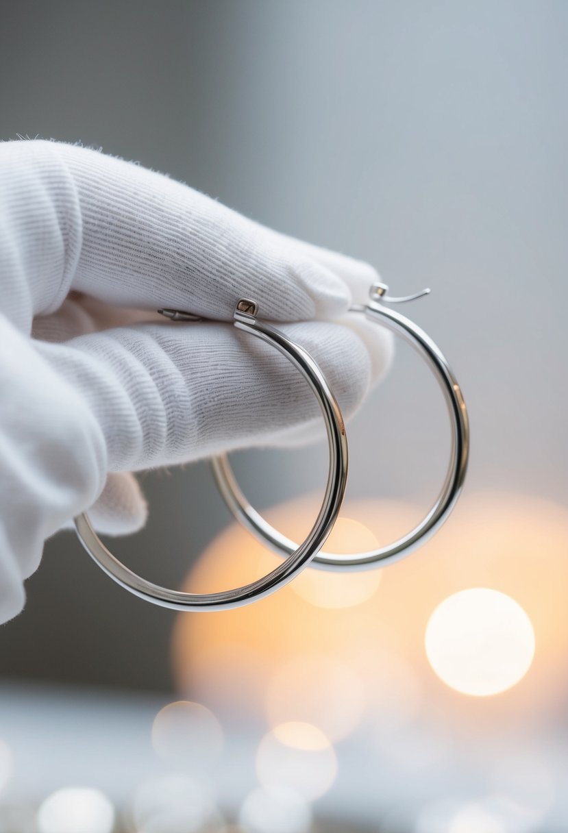 A white-gloved hand delicately holds a pair of platinum hoop earrings, catching the light and reflecting a soft glow