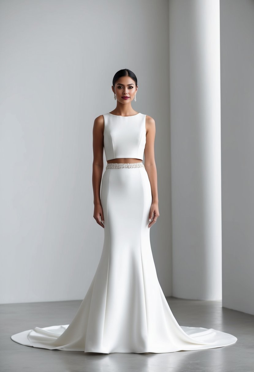 A sleek, sleeveless two-piece wedding dress with modern detailing and clean lines, set against a minimalist backdrop