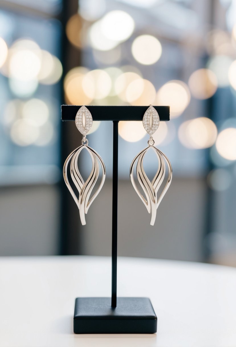 A pair of modern asymmetrical white gold wedding earrings displayed on a sleek, minimalist jewelry stand