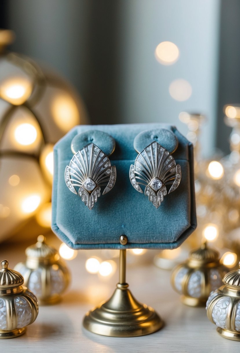 A pair of elegant Art Deco style earrings displayed on a velvet cushion, surrounded by soft lighting and ornate decor