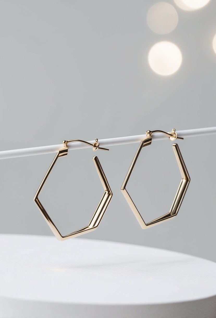 A pair of white gold geometric hoop earrings, featuring clean lines and modern design, set against a minimalist background