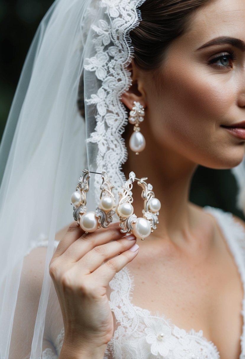 A bride delicately holds a pair of baroque pearl earrings against a soft, lace-trimmed veil. The intricate details of the earrings catch the light, adding a touch of elegance to the bridal ensemble