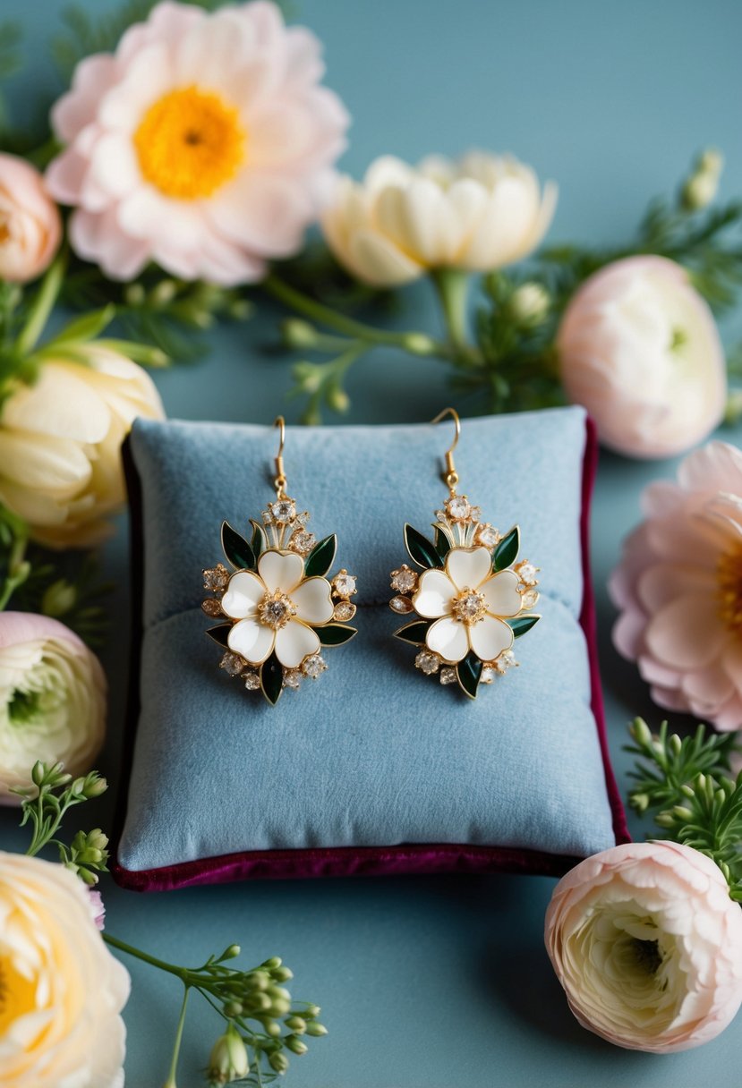 A pair of elegant floral design earrings displayed on a velvet cushion, surrounded by soft pastel flowers and greenery