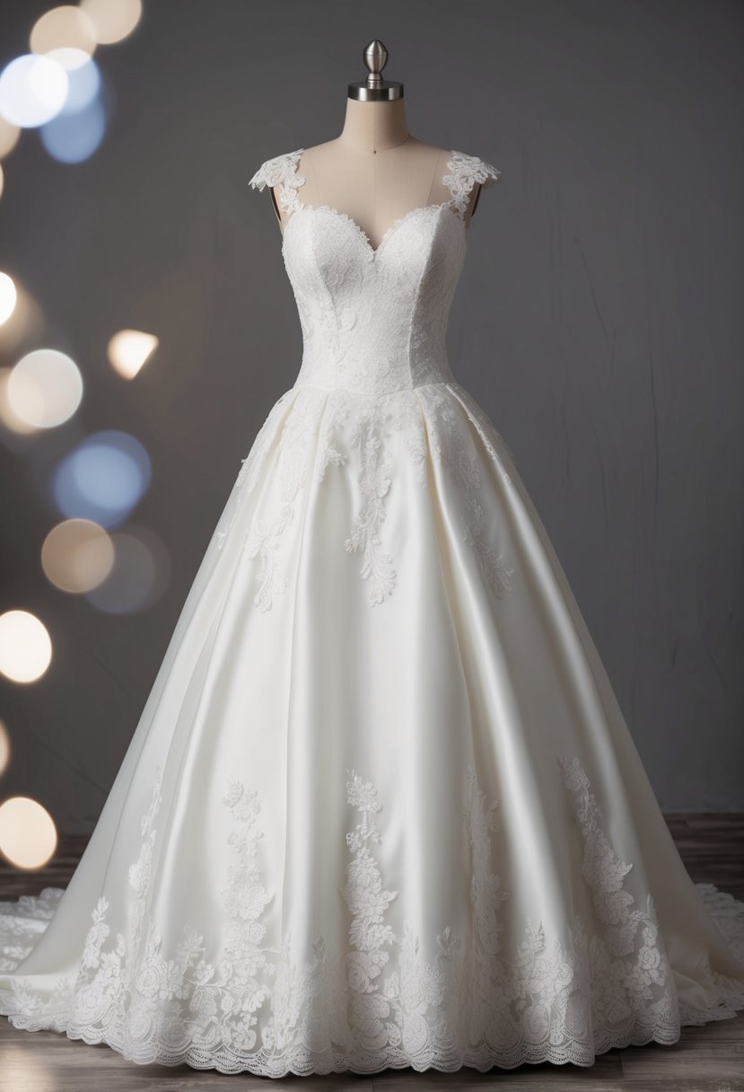 A lace-trimmed, tea-length wedding dress with a fitted bodice and full skirt, adorned with delicate floral embroidery and a sweetheart neckline