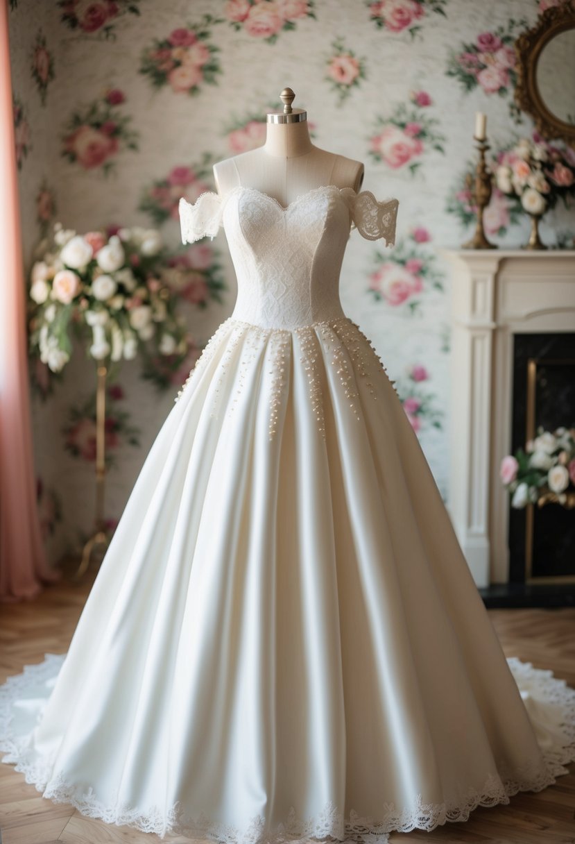 A lace-trimmed, off-the-shoulder wedding gown with a full skirt and delicate pearl embellishments, set against a backdrop of floral wallpaper and vintage decor