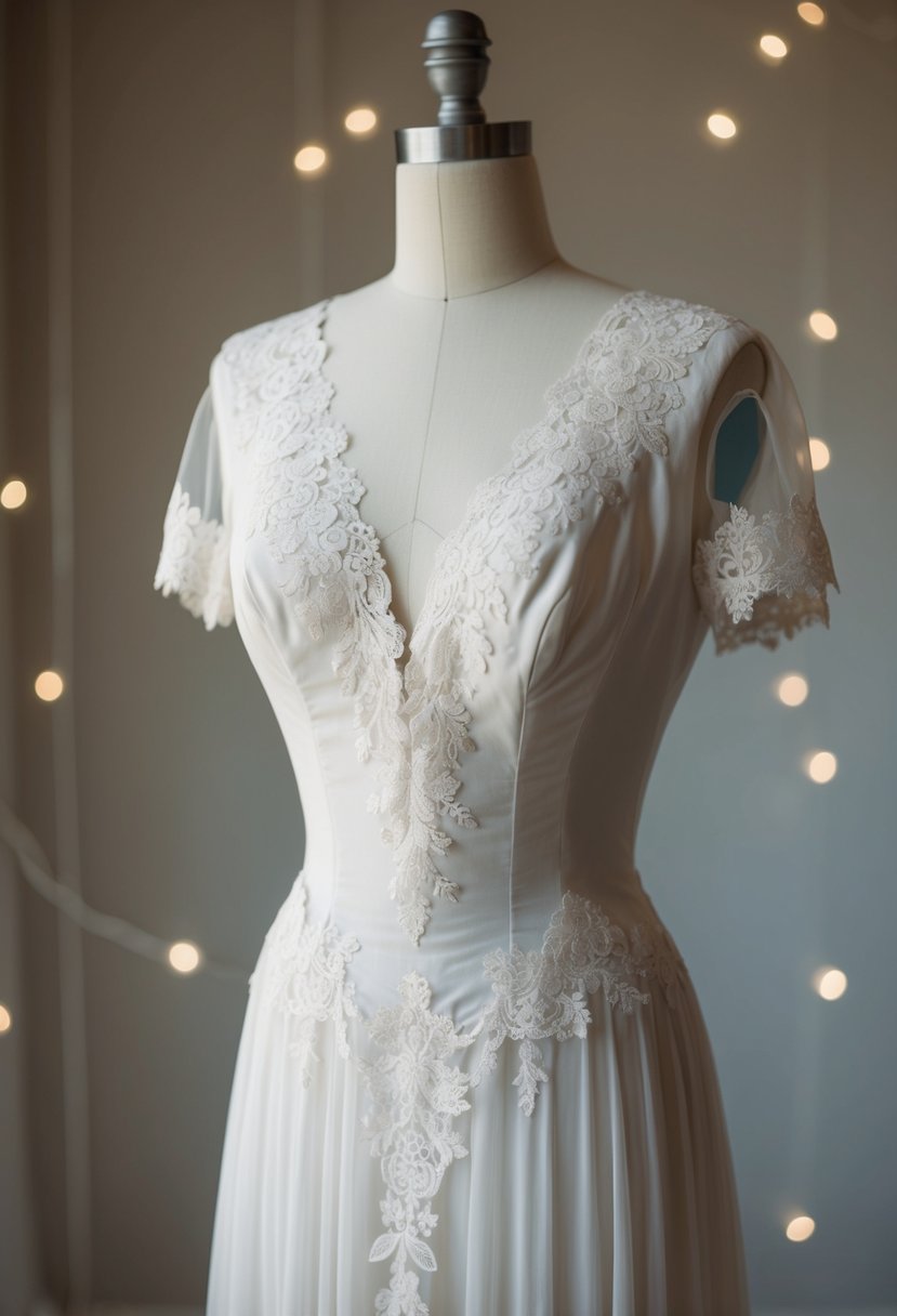 A 1940s vintage wedding dress with delicate lace detailing cascading down the bodice and trailing along the hem, exuding a sense of timeless elegance