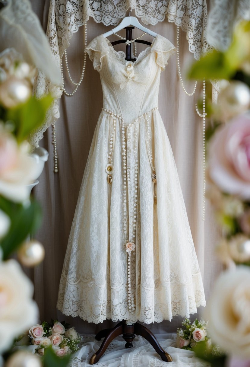 A Victorian-inspired lace gown hangs on a vintage dress form, surrounded by antique lace, pearls, and delicate floral accents