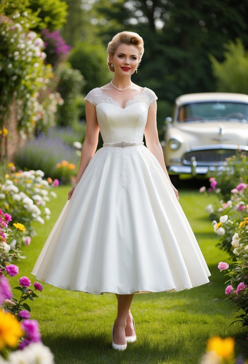 A bride in a 1950s tea-length wedding dress stands in a vintage garden, surrounded by blooming flowers and a classic car in the background