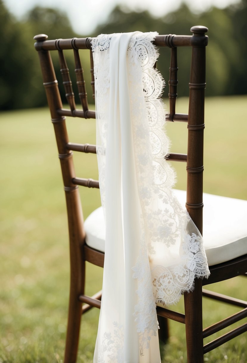 A delicate lace sleeves wedding dress draped over a vintage wooden chair