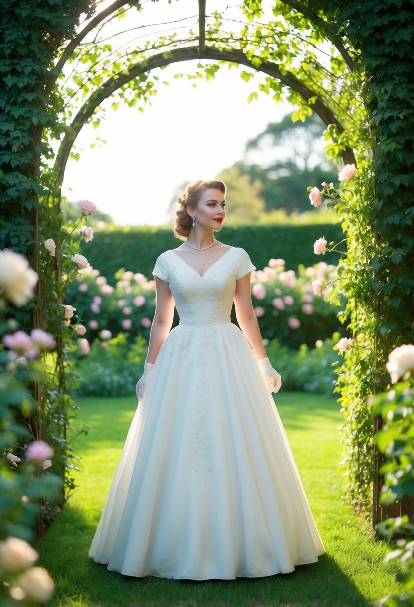 A bride in a 1940s vintage wedding dress stands in a lush garden, surrounded by blooming roses and ivy-covered archways. The soft sunlight creates a romantic ambiance as she gazes into the distance