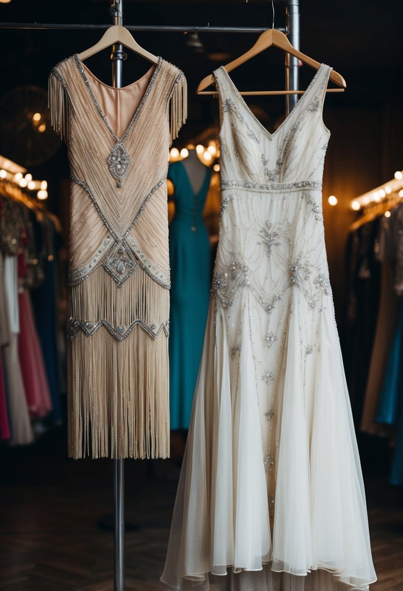 A 1920s beaded flapper dress hangs next to a 90s vintage wedding dress. The dresses are displayed on mannequins in a dimly lit vintage clothing store