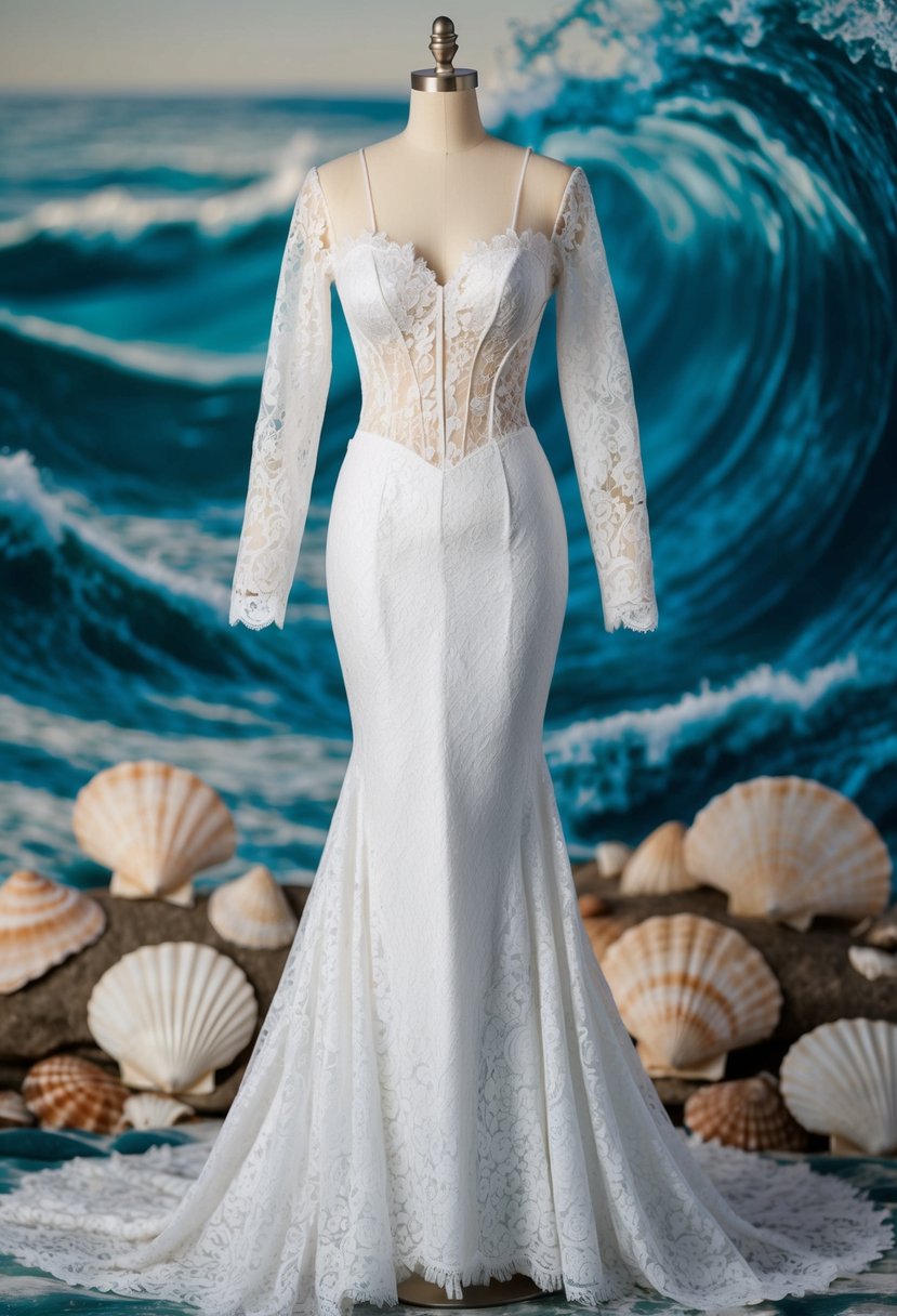 A mermaid lace gown with long sleeves and a corset lace bodice, set against a backdrop of swirling ocean waves and shimmering seashells