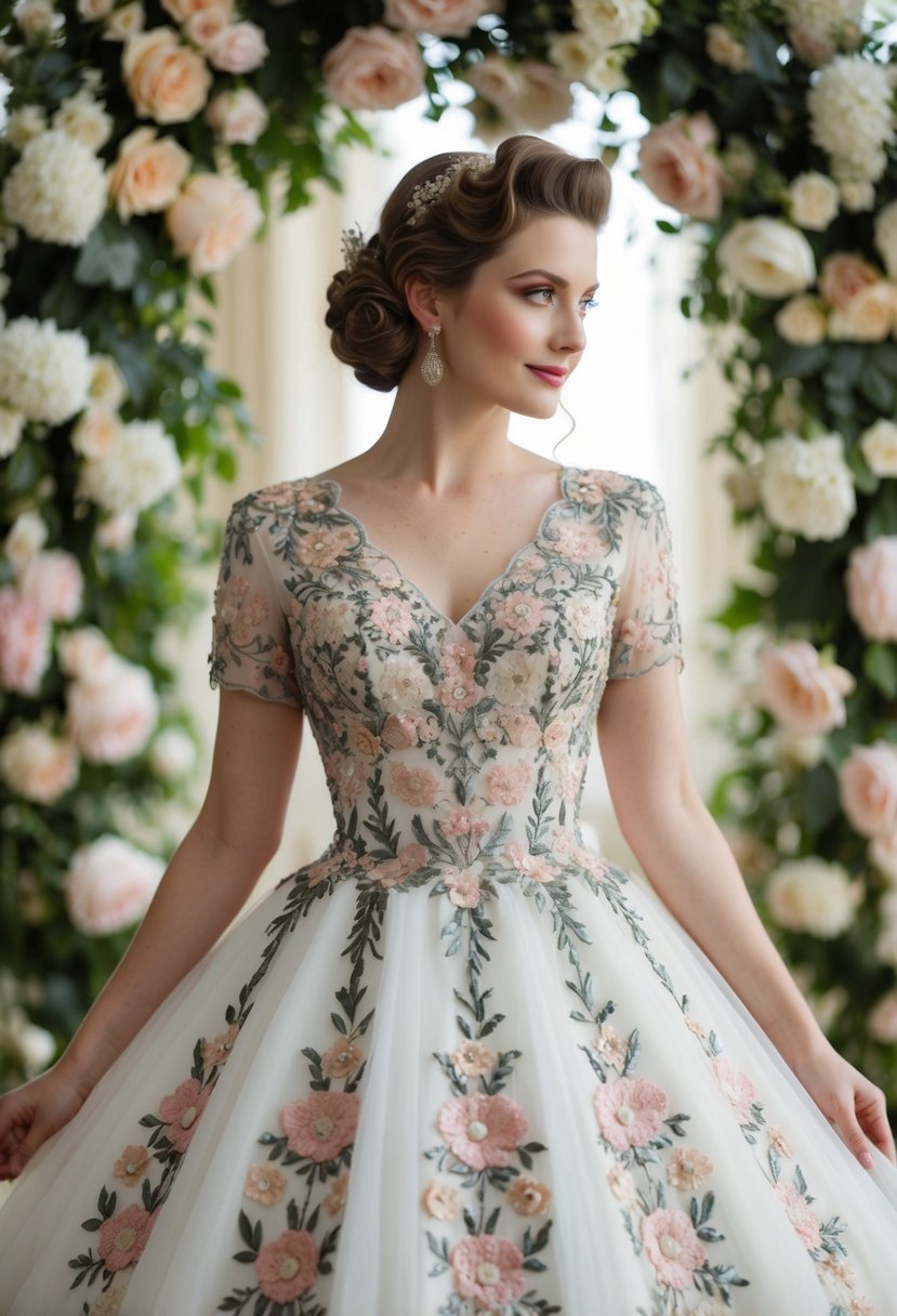 A bride in a 1940s vintage floral embroidered gown, surrounded by blooming flowers and soft, romantic lighting