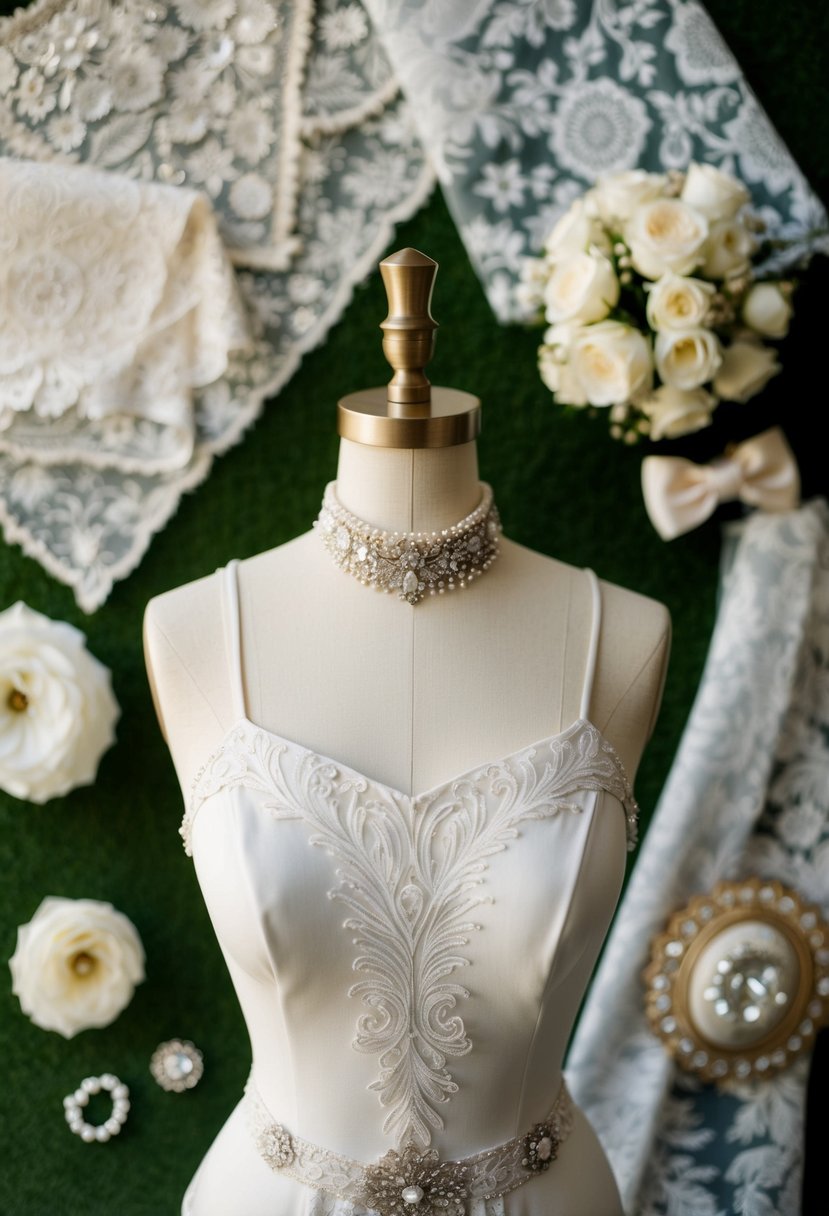 A mannequin wearing an Edwardian-style high-neck gown, surrounded by vintage wedding accessories and lace fabric swatches