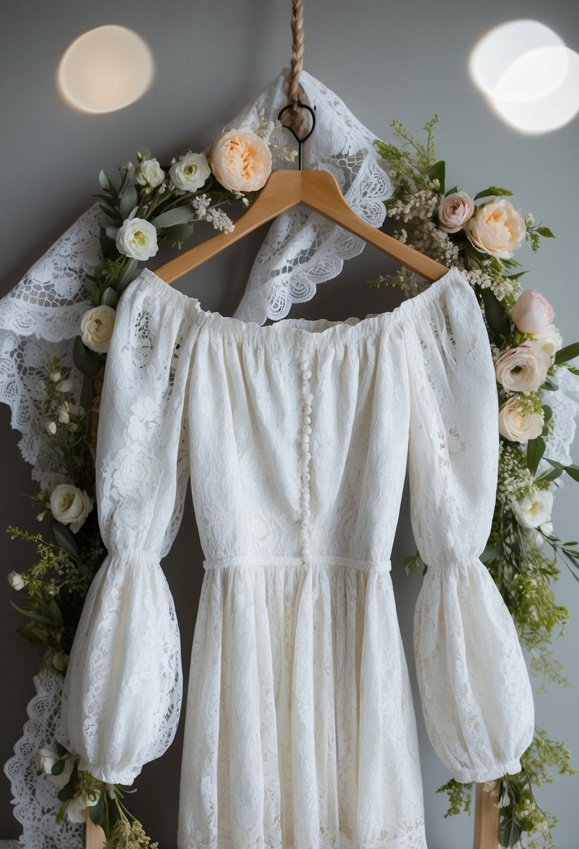 A boho lace dress with off-the-shoulder puff sleeves hangs on a vintage wooden hanger, surrounded by delicate lace details and floral accents