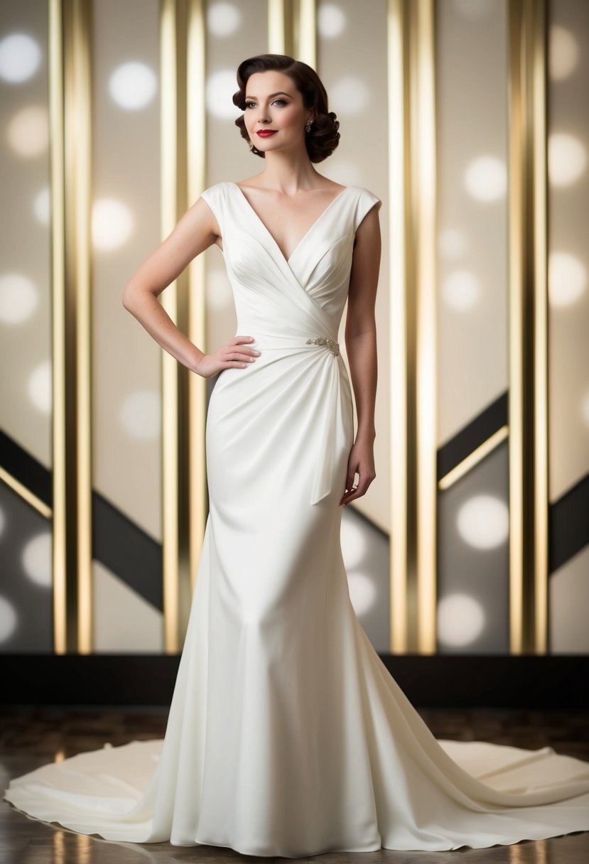 A bride in a 1940s bias-cut wedding dress, with a sleek silhouette and flowing fabric, standing in front of an art deco backdrop