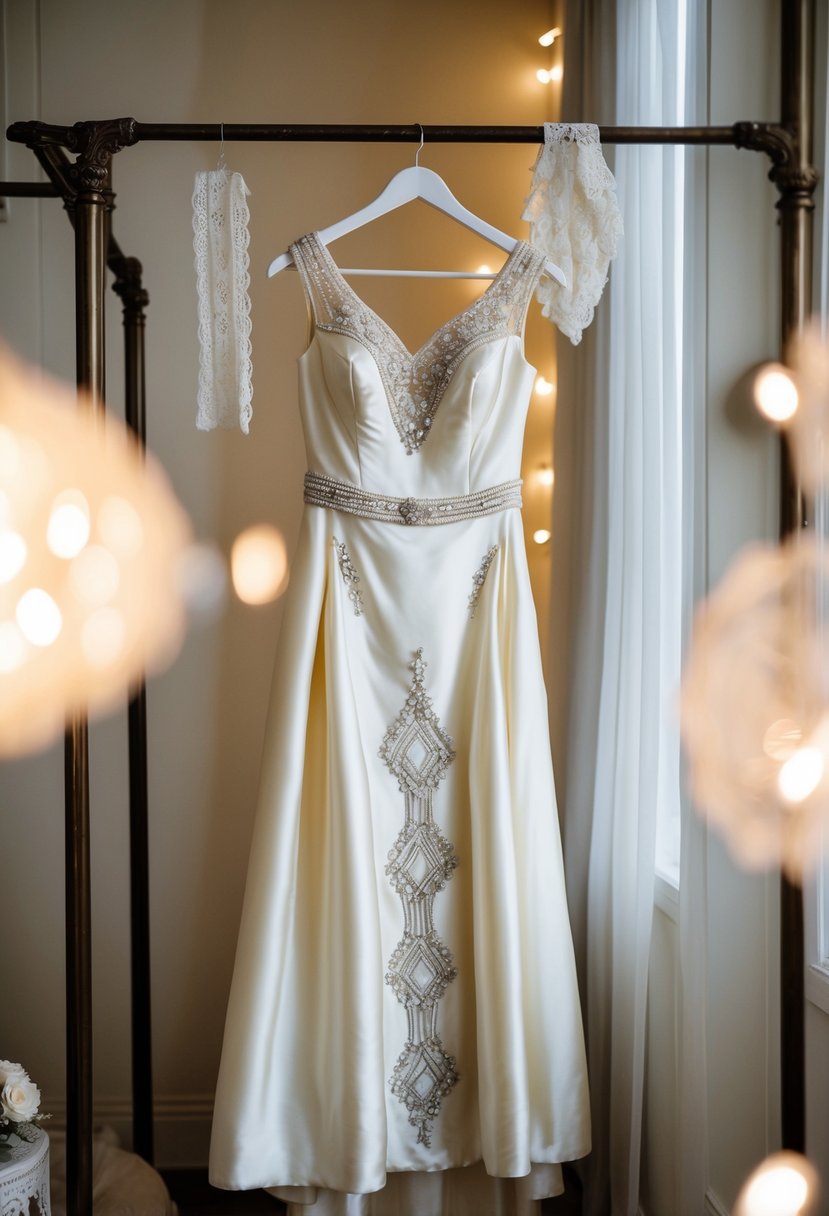 An elegant silk wedding dress from the 90s, adorned with Art Deco-inspired details, hangs on a vintage clothing rack, surrounded by soft lighting and delicate lace accessories