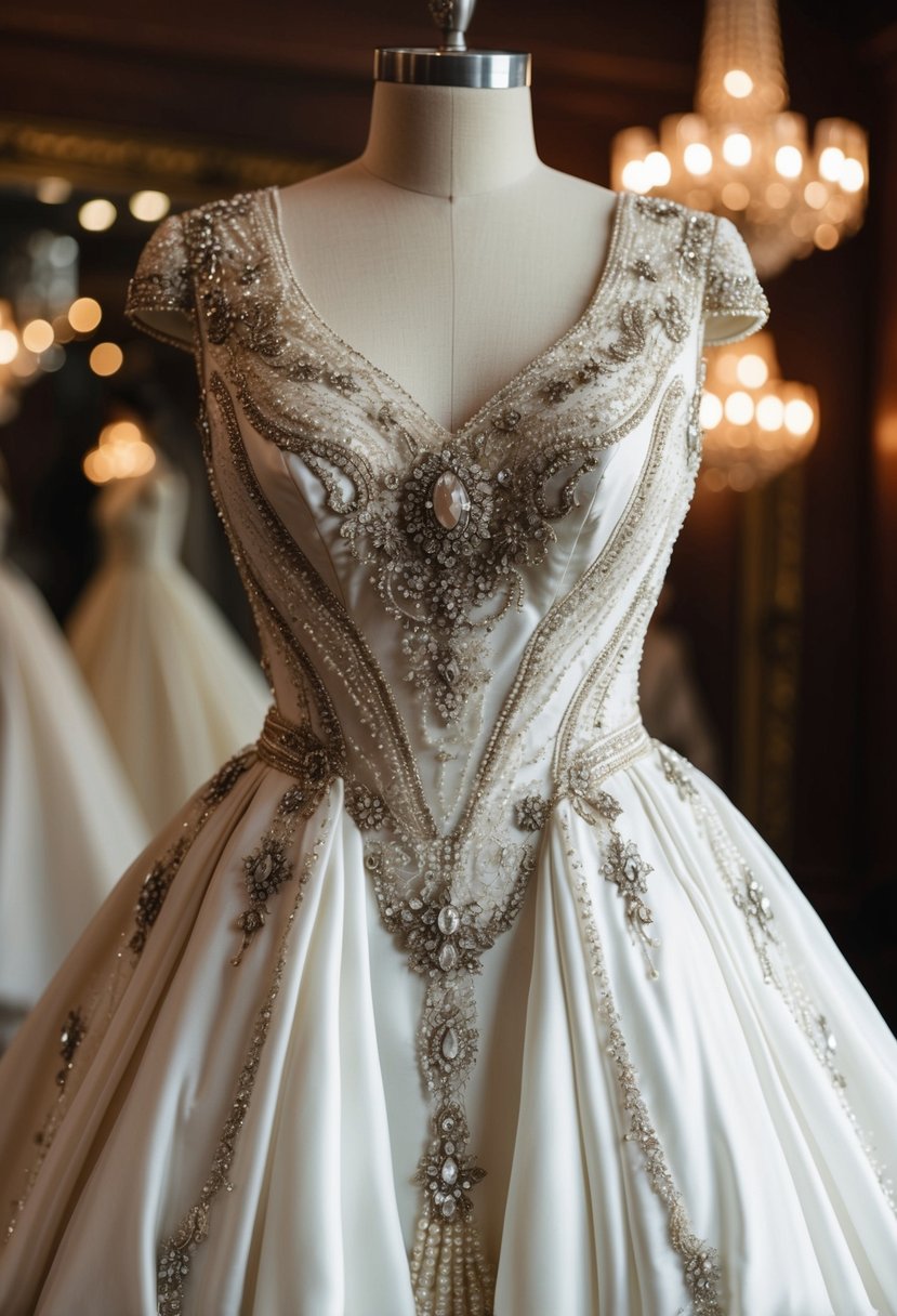 A 1940s vintage wedding dress adorned with intricate beading and glamorous embellishments, evoking the opulence and elegance of the 1920s