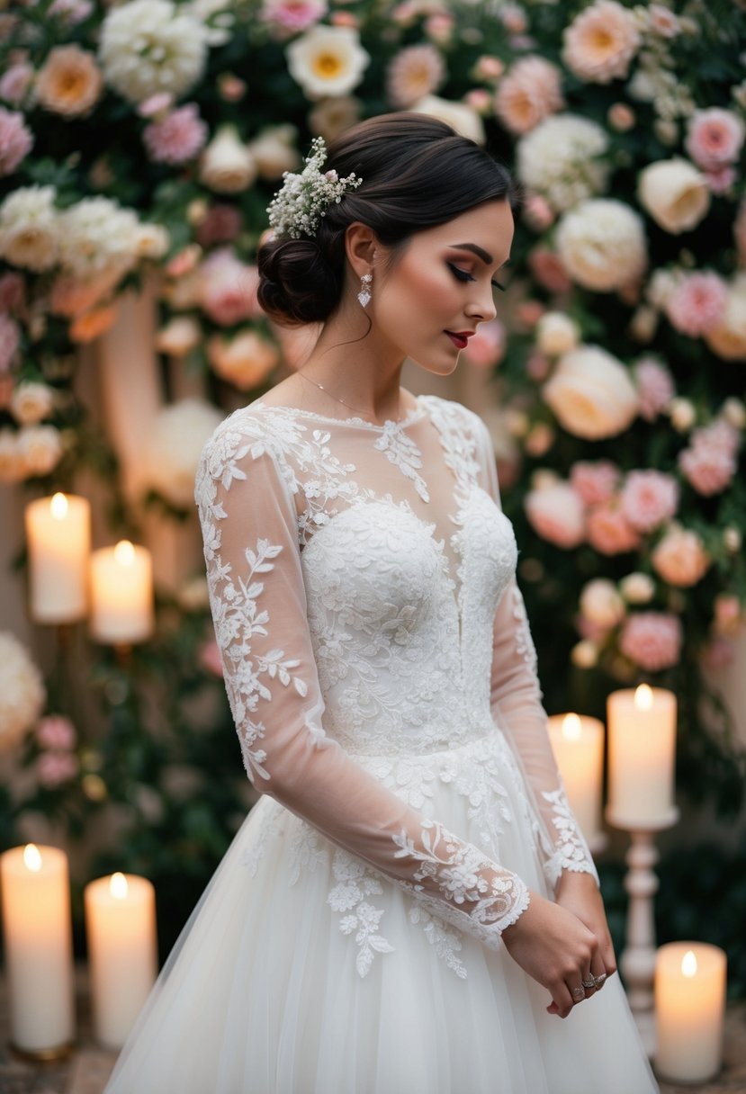 A vintage-inspired wedding gown with delicate floral lace and sheer sleeves, set against a romantic backdrop of blooming flowers and soft candlelight