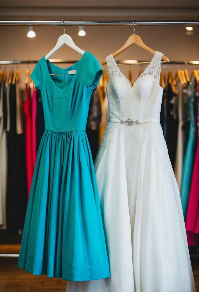 A 1950s tea-length dress hanging next to a 90s vintage wedding dress on a clothing rack