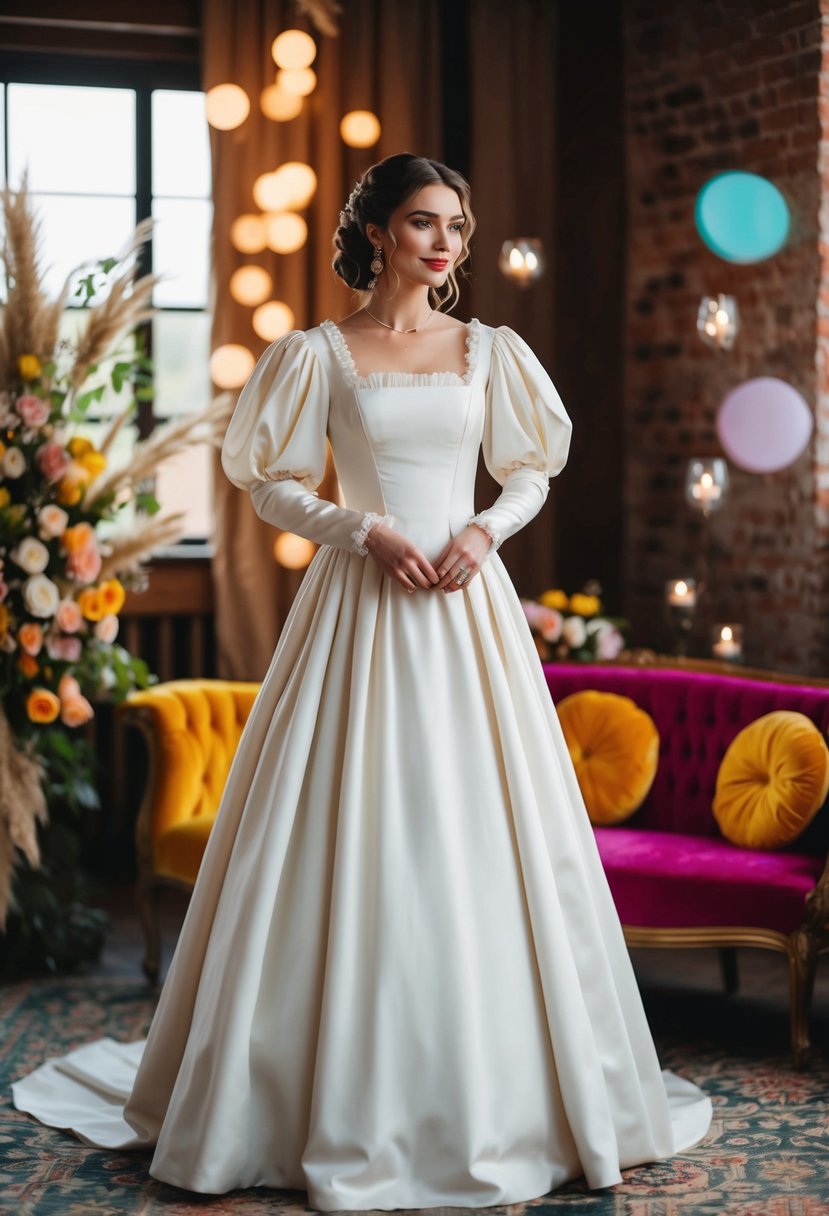 A woman in a Renaissance puff-sleeve gown stands in a vintage wedding setting with 90s decor